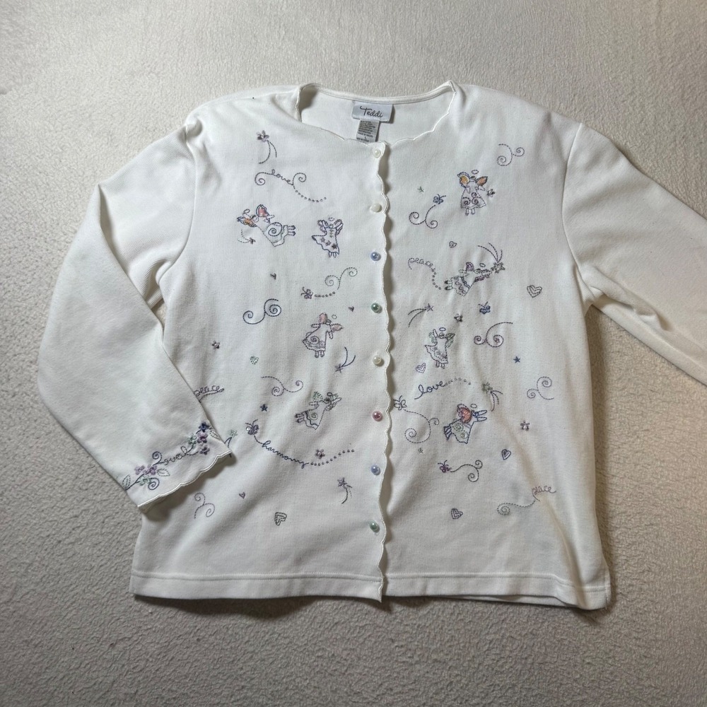 Teddi Cardigan Sweater Womens Large White Good Embroidered Angel Scalloped Trim